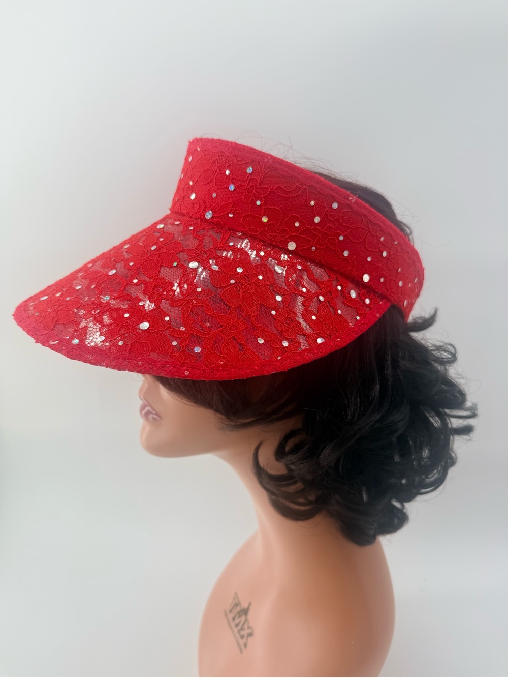 Red Lace Sun Visir Hat with Sparkle Accents.